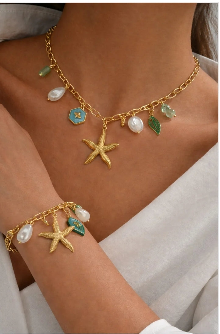 Collier charms étoile de mer doré avec perles et pampilles vertes en acier inoxydable