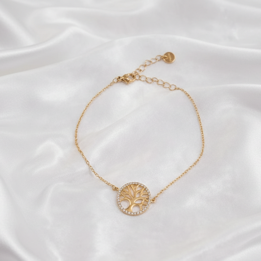 Détail du bracelet arbre de vie en acier inoxydable doré