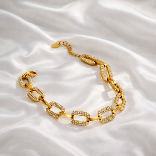 Bracelet femme en acier inoxydable doré à maillons rectangulaires sertis de zircons, modèle Naïa