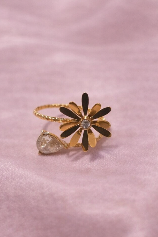 Bague ÉCLORA florale dorée réglable en acier inoxydable