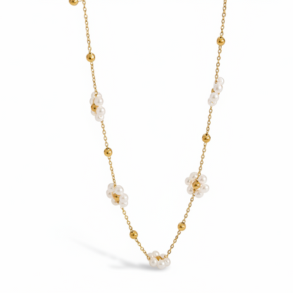 Collier fleurs en perles blanches et billes dorées en acier inoxydable - la merveille bijoux 